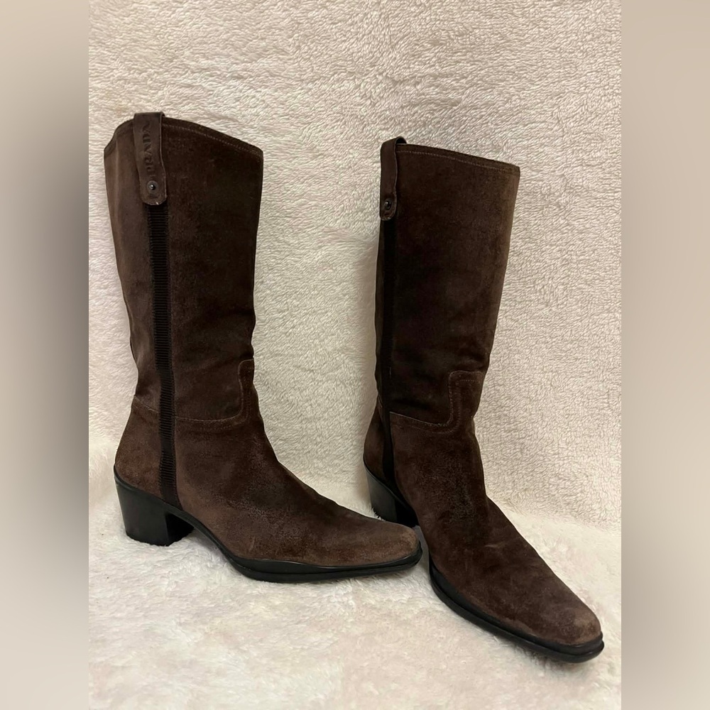 Prada Vintage Suede Western Boots Brown Made In Italy Sz 36 Excellent Condition.